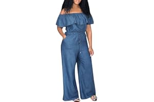 JERFER Combinaison Femme Combi-Short en Jean sans Manches à Volants Combi-Pantalon Jumpsuit Rompers