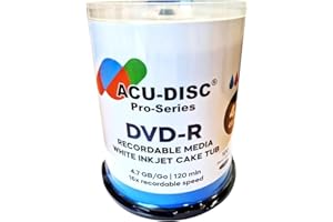 ACU-DISC DVD-R Blank 16x 4.7GB 120 Mins Full Face White Hub Inkjet Printable 100pk - Cake Box