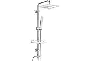Görbach Colonne Douche Complet Design Colonne Douche Murale avec Fixations Réglables et Étagère Ensemble Douche Baignoire Réglable en Hauteur avec Douchette et Pommeau Douche Pluie 20 * 20cm