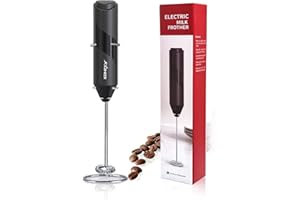 ‎JOQINEER Spieniacz do mleka Ręczny elektryczny spieniacz na baterie, mikser do napojów z trzepaczką ze stali nierdzewnej i stojakiem na cappuccino, kuloodporna kawa, latte, frappe, matcha (Silver)