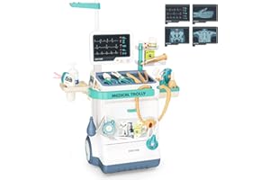 Fegalop Kit Medico Giocattolo 26 Pezzi - Centro Medico Con Carrello, Stetoscopio, Luci e Suoni - Accessori Simulazione Dottore per Bambini 3 Anni
