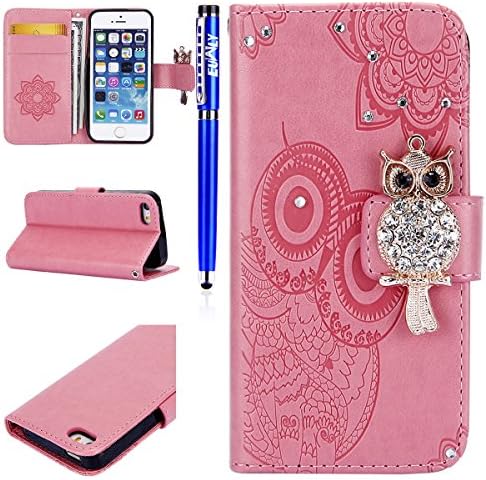 EUWLY iPhone 6 Plus/6S Plus Case iPhone 6 Plus/6S Plus Leather Wallet Case With Hand Wrist Strap Flower and Owl Embossed PU Leather Case with Bling Glitter Diamond Design Ultra Slim Anti-Shock Anti-Scratch Flip Folio Book Case with [Kickstand] [Card Slots] [Magnetic Closure] for Apple iPhone 6 Plus/6S Plus + 1 x Stylus Pen - Pink