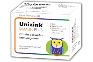 ‎UNIZINK Unizink IMMUN PLUS – Nährstoff-Komplex mit Zink, Vitamin C, D3 und E sowie Selen, Bioflavonoiden und Beta-Glucan, unterstützt eine normale Funktion des Immunsystems, gluten- & laktosefrei, 60 St