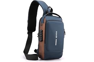 HAN-LBG Umhängetaschen für Männer und Frauen, wasserdichte Brusttasche mit USB-Ladeanschluss Anti-Diebstahl-Schloss Crossbody-Rucksack Flex-Schultertasche für Wandern Radfahren Reisen (Blau-Gold)