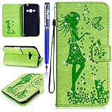 FESELE Glitzer Blume Schutzhülle für [Samsung Galaxy J1 2016] Schmetterling Katze Prägung Kristall Glitzer Diamant Strass Brieftasche Hülle Leder Tasche Flip Handyhülle mit Magnetverschluss, Samsung Galaxy J1 2016 Luxus Bling Wallet Case Kartenfach Ledertasche Leder-Mappen-Karten-Slot-Abdeckung mit Standfunktion für Samsung Galaxy J1 2016 + Blau Eingabestift Stylus Touch Pen-Mädchen Katze,Grün