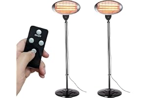 Heatlab Set of 2 2kW Outdoor Indoor Freestanding Electric Quartz Bulb Garden Patio Heaters with Remote Control - 3 Power Settings (Set of 2 Grey FreeStanding Heaters)