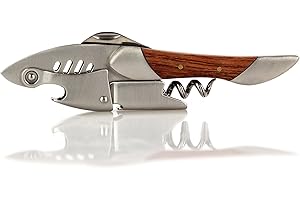 Qpractiko - Sacacorchos "Shark" | Diseño Ergonómico en forma de Tiburón | Espiral de Acero Inoxidable Reforzado | Cuchilla Curva de Sierra | Abrechapas Integrado | Mango de Madera Noble