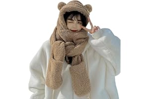 IBLUELOVER Ensemble 3 en 1 Chapeau Echarpe Moufle Femme Fille Bonnet Hiver Chaud en Peluche Chapeau Chapka Cagoules avec Foulard et Gants Cache Oreilles Capuche Bonnet de Ski Voyage Noël Outdoor