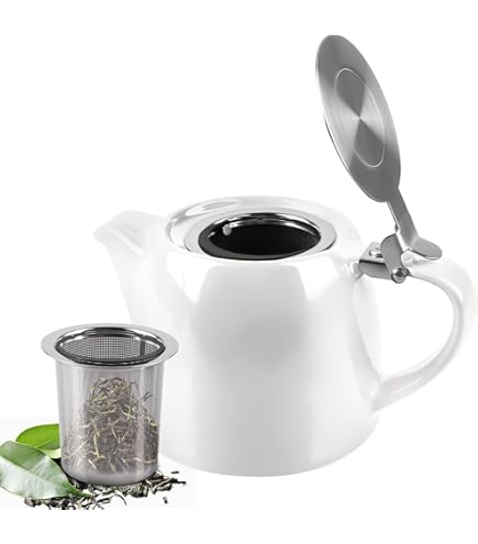 GAOUTO Theepot met zeef, 500ML Isoleerbare keramische theepot met uitneembaar roestvrijstalen theezeef, roestvrijstalen fijnmazige infuser, wit