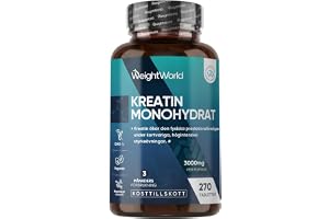 Kreatin Monohydrat Tabletter – 3000 mg per dos – laboratorietestade – 270 veganska Tabletter – 3 månaders förbrukning – Kreatin – 3 Kreatinmonohydrat tabletter per dag – glutenfria – WeightWorld