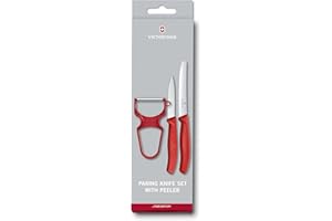 Victorinox Swiss Classic Paring Knife Set, 3 Pieces, Including Tomato Knife with Serrated Edge, Vegetable Knife, and Peeler, Dishwasher Safe, Red