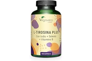 L-Tirosina Vegavero® | 1200 mg | con Iodio, Selenio, Vitamina B12, B5, B3, Acido Folico e Biotina | Integratore per Tiroide, Metabolismo e Concentrazione | 180 capsule | Vegan