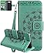 Produktbild Samsung Galaxy J5 2015 Hülle(5,0Zoll), Roreikes Premium PU Leder Tasche Brieftasche Handyhülle im Bookstyle mit Kartenfächer Standfunktion Luxus Vintage Halbe Blume Muster Schutzhülle Handschlaufe Flip Case Protective Cover Innere Weiche Silikon Handy Tasche mit Strap Portable Standfunktion-grün