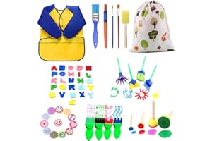 LOOHAOC 57 Pièces Éponge Brosses de Peinture Enfant Ensemble Pinceaux de Peinture et Art DIY Outils de Peinture d'Apprentissage Précoce Contient Tablier imperméable pour enfants, 26 lettres, Sac de Rangement