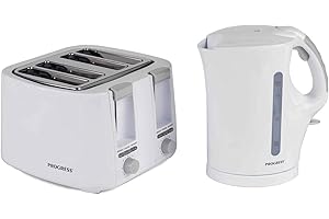 Progress COMBO-3654 Kettle and Toaster Set – 4 Slice Anti-Jam Auto-Centring Toasting Slots, 1.7 L Electric Kettle with Easy Grip Handle, Limescale Filter, Compact Design, BPA-Free, 2200/1500 W, White