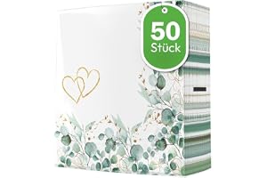 50 stora tygliknande servetter bröllop och kärlek eukalyptus grön kant hjärtan som bordsdekoration. Motivservetter vit äktenskap bröllopsdag alla hjärtans dag kristen dop kyrka hjärta guld 40 x 40 cm