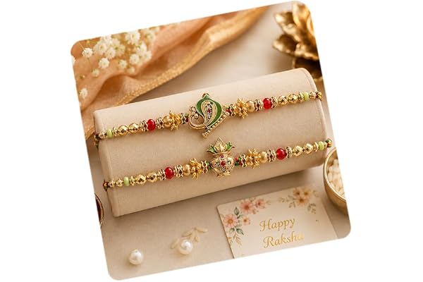 CraftVatika Kundan Rakhi Set for Brother Set of 2, Designer Peacock Rakhi for Brother Boy Men, Premium Kalash Raki for Bhaiya
