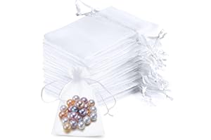 TCASENER 100pezzi 10x15 CM Bianco Sacchetti in Organza, Sacchetti Regaloper in Organza, per Gioielli, Matrimonio, Caramelle, con Cordoncino in Raso, per Festival, Feste e Matrimoni