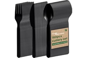 HAAGO - Juego de 180 Cubiertos de PLA Biodegradables Compostables (60 Cuchillos, 60 Tenedores, 60 Cucharas, Negro) - Ecológicos Ideal para Catering y Bodas - Materiales 100% Naturales