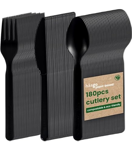 Cubiertos Biodegradables MAQA - Pack De Tenedor, Cuchara Y Cuchillo Con Servilleta, Ideal Para Eventos Y Picnics