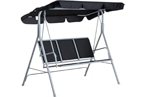 ‎OUTSUNNY Outsunny Hollywoodschaukel mit verstellbarem Sonnendach, 3-Sitzer Gartenschaukel mit Anti-Rutsch-Füßen, Schaukelbank belastbar bis 240 kg, Gartenliege für Garten, Terasse, 171x108x150cm, Grau+Schwarz