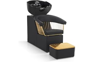 Barberpub Poltrona per parrucchieri lavabo, lavabo per parrucchieri in ceramica Regolabile, poltrona per lavaggio inverso con poggiapiedi, 8037 (oro-nero/PVC)