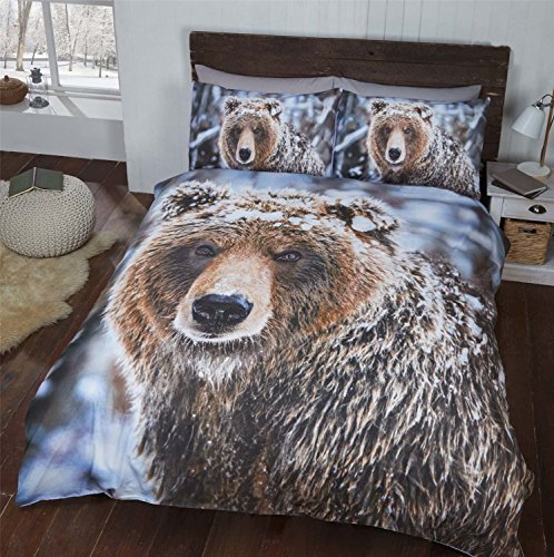 Bedding Heaven Brown Grizzly Bear Snowy Cute Animal Quilt Duvet Cover and Pillowcases Bedding Bed Set, (Single)