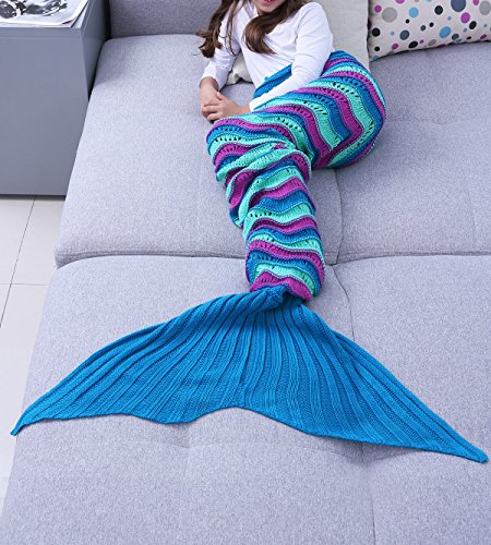 YiZYiF Handgemachte Meerjungfrau Decke Fleece Sofadecke Schlafsack Mermaid Blanket Kostüm für Kinder Mädchen (Einheitsgröße, Gestrickt Blau&Lila (Kinder)) - 4