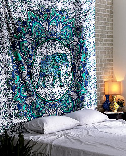 Hippie Mandala Wandbehang Boho Türkis Wand Dekoration indisch Elefant Blumen Tapisserie Groß Baumwolle Wandteppich Bohemien Dekor Tapisserie Von Rajrang