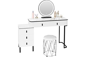 WOLTU Toaletka z oświetleniem LED, lustro i taboret, 3 kolory, możliwość przyciemniania, toaletka, biurko do makijażu z 5 szufladami, elastyczny montaż, komoda do sypialni z metalowymi nogami, 100 x