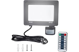 Etrogo Zewnętrzny reflektor LED 50 W z czujnikiem ruchu 6000 K, zimna biel, możliwość ściemniania, 5000 lm, 72 diody LED z pilotem IP66, wodoodporny, do ogrodu, patio, garażu, wejścia itp