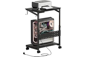 MSFE Stojak na komputer z regulacją wysokości, mobilny wózek komputerowy z miejscem do przechowywania i stacją ładującą, uniwersalny stojak na procesor z kółkami, biurko w kształcie litery L, do