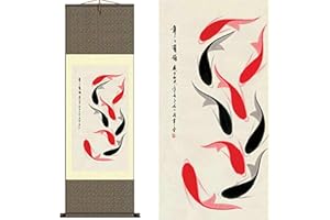 VALART Seta Scroll Pittura Decorazione Parete ​Asiatica Pesce - Anno Avere Pesce - Koi, rosso Carpa Nera Bella Rotolo Pittura Arte Cinese Pergamena Da Parete Decorazione Orientale (94 x 30 cm)