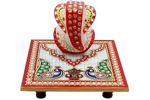 AURA BY KYRA Marble Ganesha Idol with Chowki | Handcrafted Multicolor Ganesh Murti with Meenakari & Kundan Work | Decorative Puja Statue (Marble Ganesha Idol with Chowki)