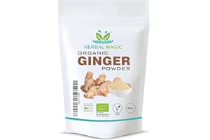 Herbal Magic's Pure & Organic Ginger Powder - King of Spices - High Strength- Vibrant Smoothies, Shakes, Soups, Juices, Baking - Free from Fillers & Preservatives-100g