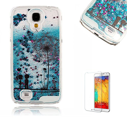 Für Samsung Galaxy S4 Hülle,Für Samsung Galaxy S4 Flüssigkeit Handyhülle,Funyye Luxus Luxuriös [Bunten Muster] Liebe Herzen Star Fließt Treibsand Durchsichtige Handytasche Glänzend Glitzer Diamond Diamant Fließen Flüssig Flüssigkeit Handyhülle Handy Hülle Case Tasche Crystal Case Durchsichtig Schutzhülle Etui Bumper Für Samsung Galaxy S4 + 1 x Frei Displayschutzfolie - Blau Glitter,Liebhaber Löwenzahn