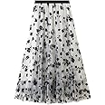 CCSYUS Women's Tulle Skirt A-Line Pleated Elastic High Waist Layered Mesh Ballet Prom Party Skirt Floral Tutu Midi Skirts