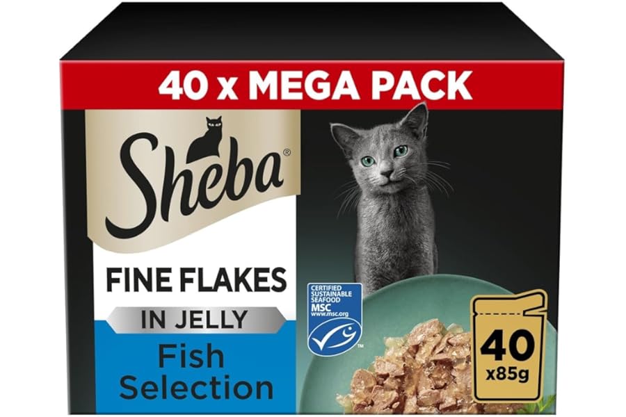 Sheba Fine Flakes in Jelly – Fish Collection – Wet cat food pouches for adult cats – 40x85g pack