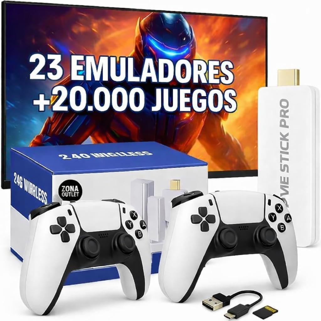 Consola Retro PRO Versión 2026 23 Emuladores +20.000 Videojuegos 2 Mandos Inalámbricos Blancos Juegos Clásicos Tarjeta 64GB | Regalo Navidad | Videoconsola Arcade Pincho Stick HDMI TV Tele