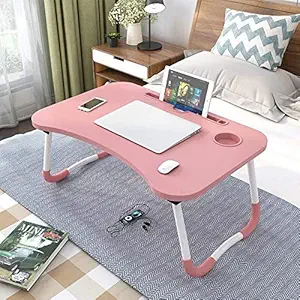 CREAT Foldable Bed Study Table Portable Multifunction Laptop Table Lapdesk for Children Bed Foldabe Table Work Office Home with Tablet Slot & Cup Holder Bed Study Tabl Black Coloured (Pink)