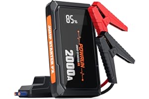 Powrun PX Booster Batterie Voiture 2000A,Démarreur de Voiture(Jusqu'à 6.0L Essence ou 5.0L Gazole),12V Jump Starter avec Pinces de Sûreté Intelligentes,Lampe de Poche LED, étui de Transport.