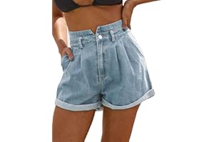 JASAMBAC Women's High Waisted Denim Shorts Rolled Hem Wide Leg Casual Jean Shorts with Pockets