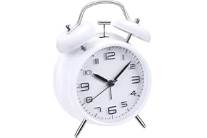 AZYH Głośny budzik dla osób śpiących ciężko śpiących dorosłych, metalowy 10 cm, podwójny dzwonek, budziki na baterie do dekoracji sypialni, cichy, nietykający (biały)