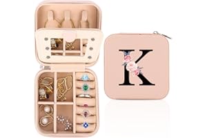 WALLFID Travel Jewellery Box,Alphabet Jewellery Organiser,Portable Jewellery Box,Small Travel Jewellery Storage Case with Mirror,Birthday Gift for Women,Mothers Birthday Valentines Day Gift Ideal(K)
