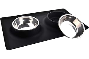 MOACC Ciotole per Cani Gatti, 2 x 400ml Ciotola per Cane in Acciaio Inossidabile, Tappetino Silicone Antiscivolo, Pieghevole Rimovibile Cane Gatto Cibo Acqua Ciotola, per Cani Ciotola Accessori