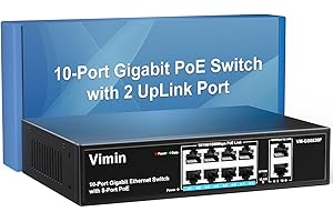 8 Port Gigabit PoE Switch with 2 Uplink Gigabit Ports, VIMIN 10 Port Unmanaged Ethernet PoE Switch with 120W Power, Support IEEE802.3af/at, VLAN, Metal Housing, Desktop or Wall-Mount, Plug & Play