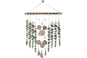 Finsink Makramee Boho Wandbehang, Wanddeko Wandteppich mit Holzperlen und simulierte Eukalyptusblätter, Makramee Wandbehang für Wohnzimmer Schlafzimmer und Studio