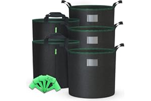 VOUNOT® Lot de 5 Sac de Plantation Non Tissé 65L avec Poignées et 15 Étiquettes Sacs à Plantes de Tomate Grande Capacité Ø45.5cm et Hauteur 40cm Pots pour Plantes, Fleurs, Fraises