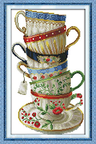 YEESAM ART Neu Kreuzstich Stickpackung - Elegant Kaffee Tasse 14 CT 28×42 cm DIY Stickerei Set Weiß Segeltuch - Kreuz Nähen Handarbeit Weihnachten Geschenke Cross Stitch Kit