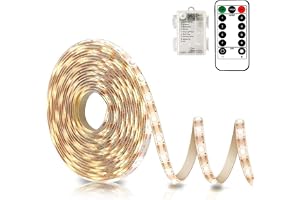 echosari Battery Powered Led Strip Lights with Remote Warm White, 8 Modes, Dimmable, Timer, Self-Adhesive, Cuttable, Waterproof, 9.8FT 90Led Strip Lights for TV Kitchen Cupboard Bedroom Decor